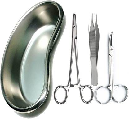 mediwave Needle Holder, Adson Forceps, Iris Scissor with 8" Kidney Tray Utility Forceps