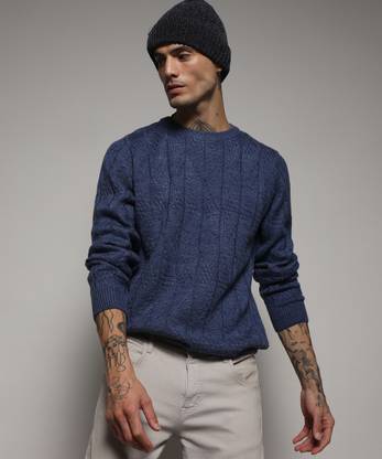 CAMPUS SUTRA Solid Round Neck Casual Men Blue Sweater