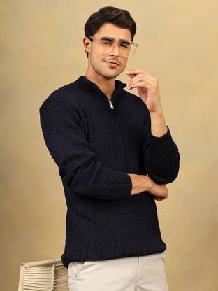 KVETOO Solid Mandarin Neck Casual Men Blue Sweater