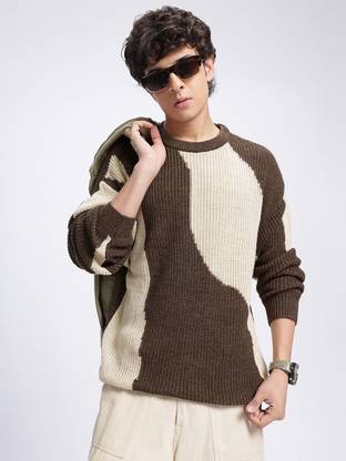 Glitchez Self Design Round Neck Casual Men Brown Sweater