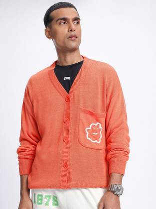 glitchez Solid V Neck Casual Men Orange Sweater