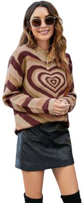 Eddicted Printed Round Neck Casual Women Brown Sweater
