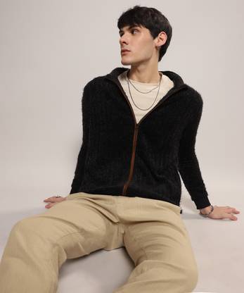 CAMPUS SUTRA Self Design High Neck Casual Men Black Sweater