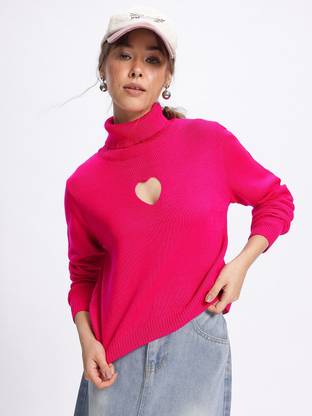 Glitchez Self Design Turtle Neck Casual Women Pink Sweater