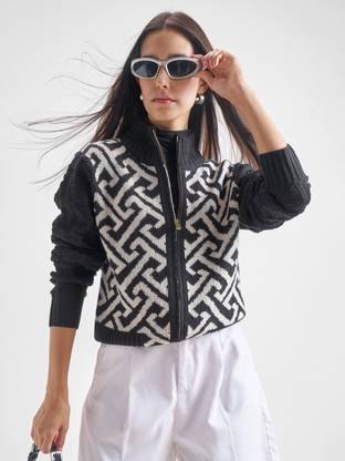 Tokyo Talkies Self Design High Neck Casual Women Black Sweater