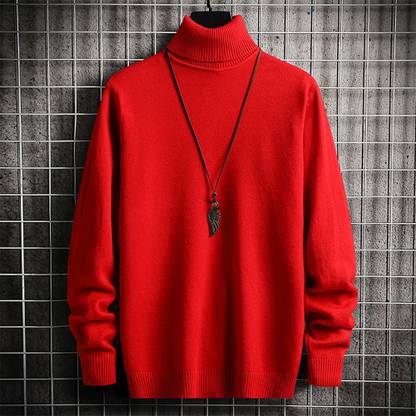 Doomee Solid High Neck Casual Men Red Sweater