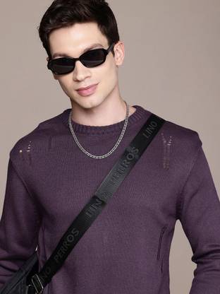 WROGN Solid Round Neck Casual Men Purple Sweater