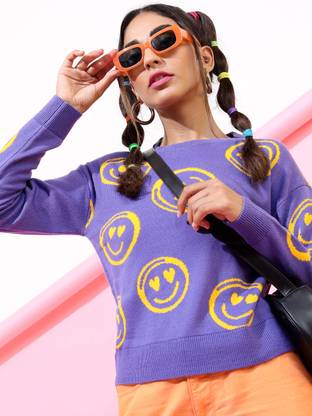 Tokyo Talkies Printed Round Neck Casual Women Purple Sweater
