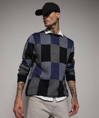 CAMPUS SUTRA Printed Round Neck Casual Men Blue Sweater