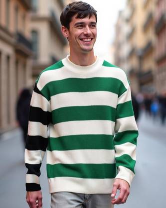 BEWAKOOF Striped Round Neck Casual Men Green Sweater