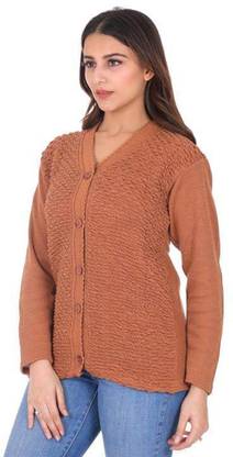 V Neck Casual Women Pure Wool Brown Sweater