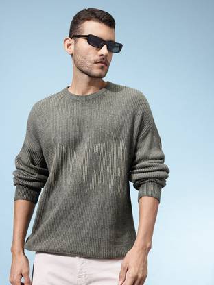 Glitchez Printed Round Neck Casual Men Grey Sweater