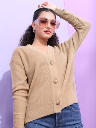 Tokyo Talkies Solid V Neck Casual Women Beige Sweater