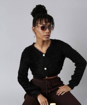 SHOWOFFFF Solid V Neck Casual Women Black Sweater