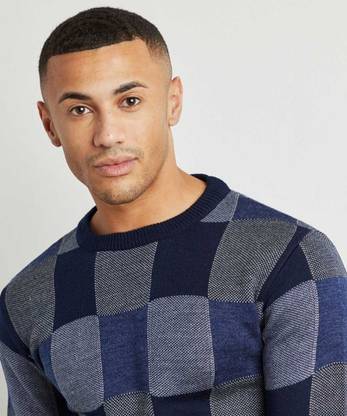 CAMPUS SUTRA Checkered Round Neck Casual Men Blue Sweater