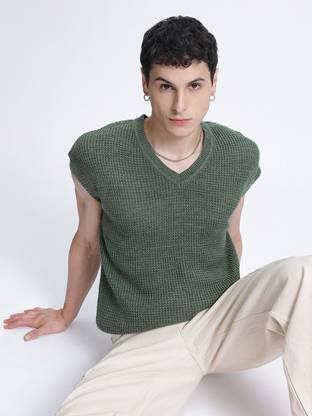 Glitchez Self Design V Neck Casual Men Green Sweater