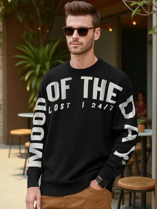 BEWAKOOF Printed Round Neck Casual Men Black Sweater