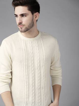 Roadster Solid Round Neck Casual Men White Sweater