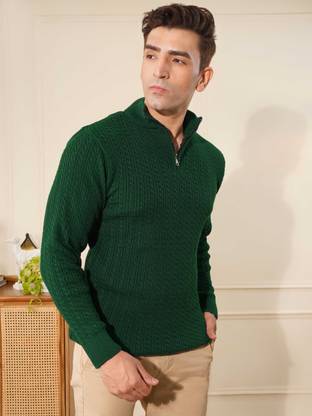 KVETOO Solid Mandarin Neck Casual Men Green Sweater