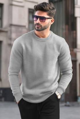 TRIPR Solid Round Neck Casual Men Grey Sweater