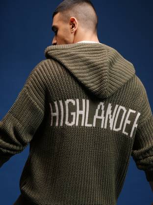 HIGHLANDER Self Design Hooded Neck Casual Men Green Sweater