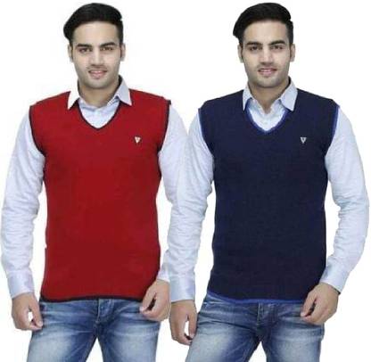 Solid V Neck Men Pure Wool Red, Blue Sweater