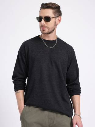 Glitchez Solid Round Neck Casual Men Black Sweater