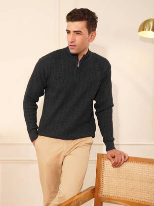 KVETOO Solid Mandarin Neck Casual Men Grey Sweater