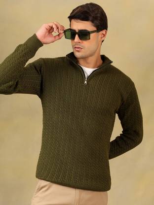 KVETOO Solid Mandarin Neck Casual Men Green Sweater
