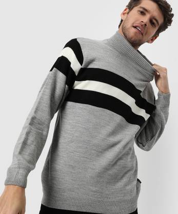 CAMPUS SUTRA Striped Round Neck Casual Men Grey Sweater