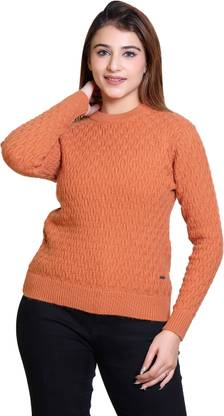 LEZA Self Design Round Neck Casual Women Acrylic Blend Orange Sweater