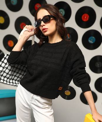 CAMPUS SUTRA Solid Crew Neck Casual Women Black Sweater