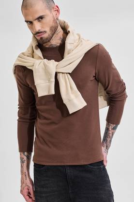 Snitch Solid Crew Neck Casual Men Brown Sweater