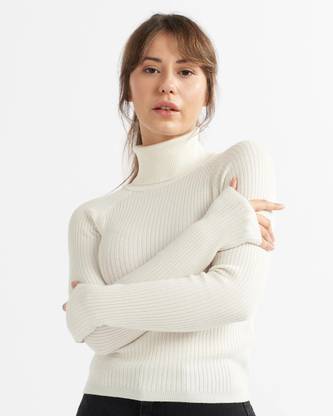 BLACK BLINK Self Design High Neck Casual Women White Sweater