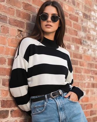 BEWAKOOF Women Striped High Neck Black Sweater