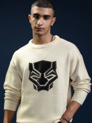 HIGHLANDER Self Design Round Neck Casual Men White, Black Sweater