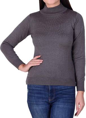 Solid High Neck Casual Women Wool Blend Grey Pullover