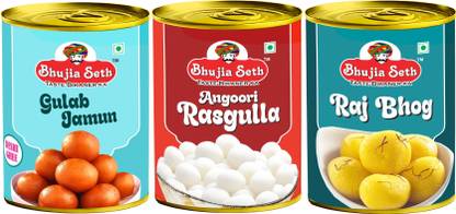 BHUJIYA SETH desi ghee Gulab Jamun,Angoori Rasgulla & Rajbhog combo pack (1 kg x 3 ) pack Can