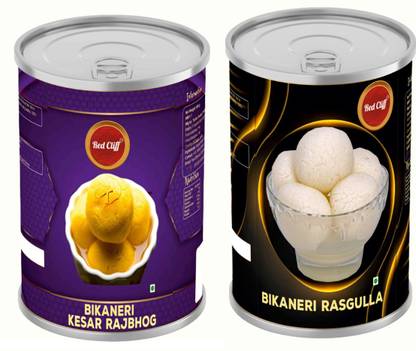 RED CLIFF Bikaneri Rasgulla 20 pcs +Kesar Rajbhog 12 pcs Combo Pack Of 2 | Tin