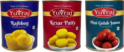 Yuvraj Food Product kesar Bati , Rajbhog & Mini Gulab Jamun sweets 1 kg x 3 pack Can