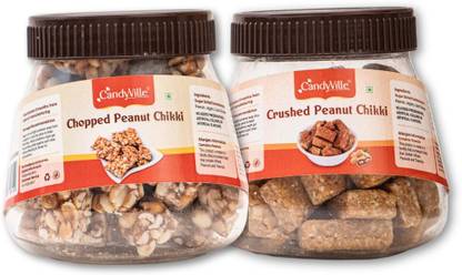 CandyVille Chopped Peanut Chikki and Crushed Peanut Chikki Combo Pack Plastic Bottle