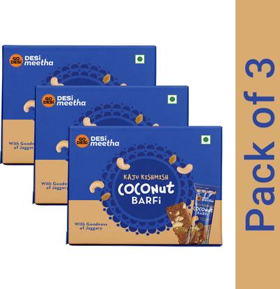GO DESi Kaju Kishmish Coconut Barfi, 24 pcs Individually Wrapped Burfis, Box