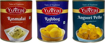 Yuvraj Food Product Rasmalai, Rajbhog & Angoori Petha sweets 1 kg x 3 pack Can