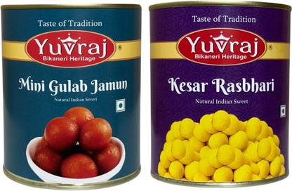 Yuvraj Food Product Mini Gulab Jamun & Kesar Rasbhari sweets combo 1 kg x 2 Can