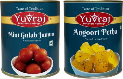 Yuvraj Food Product Mini Gulab Jamun & Angoori Petha sweets combo 1 kg x 2 tin Can
