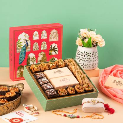 The Baklava Box Assorted Baklawas with 2 sets of Rakhi in Peacock Elegance Festive Gift Box