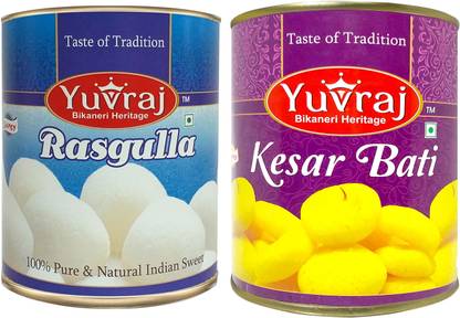 Yuvraj Food Product sweets kesar Bati & Rasgulla combo pack (1 KG x 2) Tin pack Tin