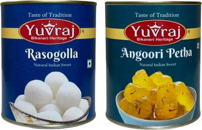 Yuvraj Food Product Rasogolla & Angoori Petha sweets combo 1 kg x 2 tin Can