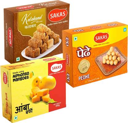 sakas Combo of Pedhe Kalakand & Mango Burfi (Pack of 3) Box