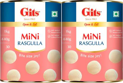 Gits Open & Eat MiNi Rasgulla 30 Pieces Per Can Indian Mithai(Pack of 2 x 1Kg Each) Tin